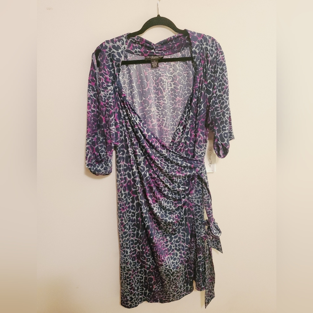 Colleen Lopez NWT blue purple leopard faux wrap dress tie waist size 2X
